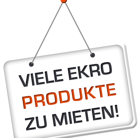 Ein weißes Schild mit schwarzem und rotem Text, das 'VIELE EKRO PRODUKTE ZU MIETEN!' auf schwarzem Hintergrund anzeigt.