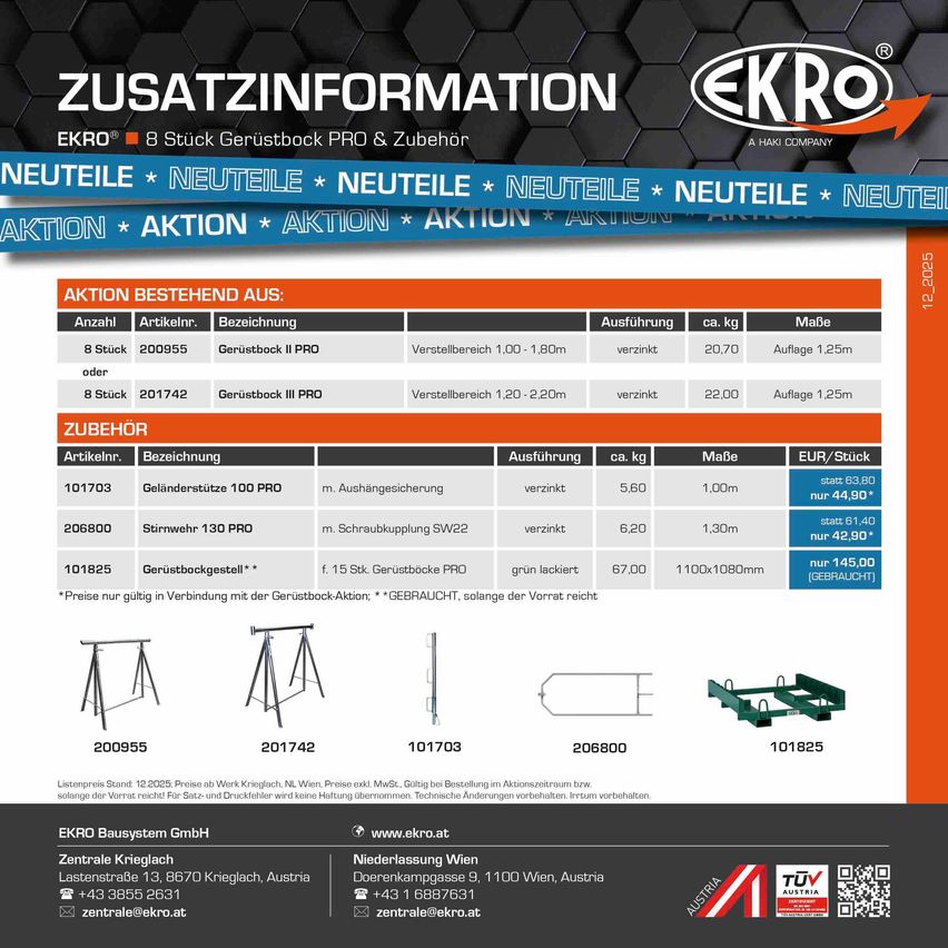 Das Bild zeigt ein Produktinformationsblatt für EKROHACK-Ausrüstung. Es listet Zubehör und Teile für das 8-teilige PRO-Gerüstsystem auf. Das Blatt enthält Details zu Artikelnummern, Beschreibungen, Gewichten und Preisen. Es enthält auch Kontaktdaten für EKROHACK.