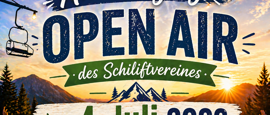 Ankündigung eines Open-Air-Events des Schiffsvereins am 4. Juli 2026 unter einem Berghimmel bei Sonnenuntergang.