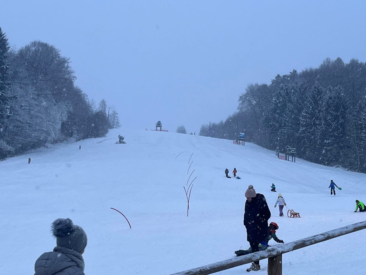 Ein verschneiter Skihang mit einer Gruppe von Menschen, die den Winter genießen. Einige sind am Skifahren, während andere rodeln. Bäume und ein Zaun säumen den Hang.