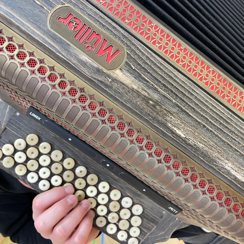 Nahaufnahme eines Vintage-Akkordeons. Das Akkordeon hat ein rot-goldenes gemustertes Balg und eine schwarze Tastatur mit weißen Tasten. Eine Hand liegt auf den Tasten.