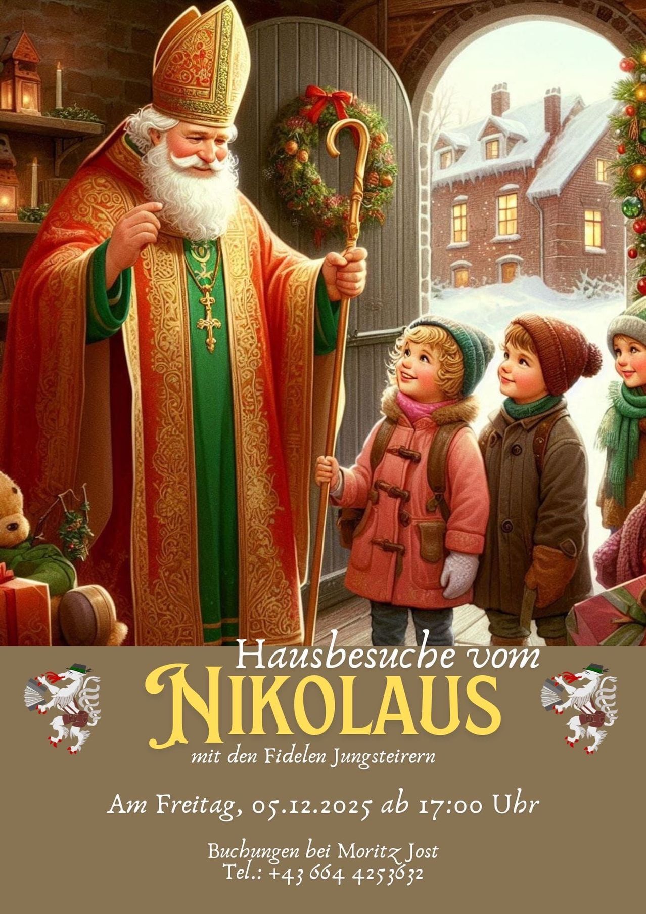 Eine Illustration von St. Nikolaus, der ein Haus mit vier Kindern besucht. St. Nikolaus ist in traditioneller roter und grüner Kleidung gekleidet.