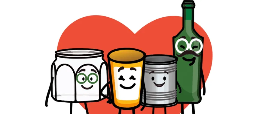 Ein herzförmiges Bild mit vier lächelnden Cartoon-Charakteren: einem Glaskrug, einem Glas, einer Metalldose und einer Weinflasche. Über dem Herz steht das Wort 'DANKE' in Fettdruck.