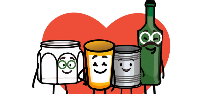 Ein herzförmiges Bild mit vier lächelnden Cartoon-Charakteren: einem Glaskrug, einem Glas, einer Metalldose und einer Weinflasche. Über dem Herz steht das Wort 'DANKE' in Fettdruck.