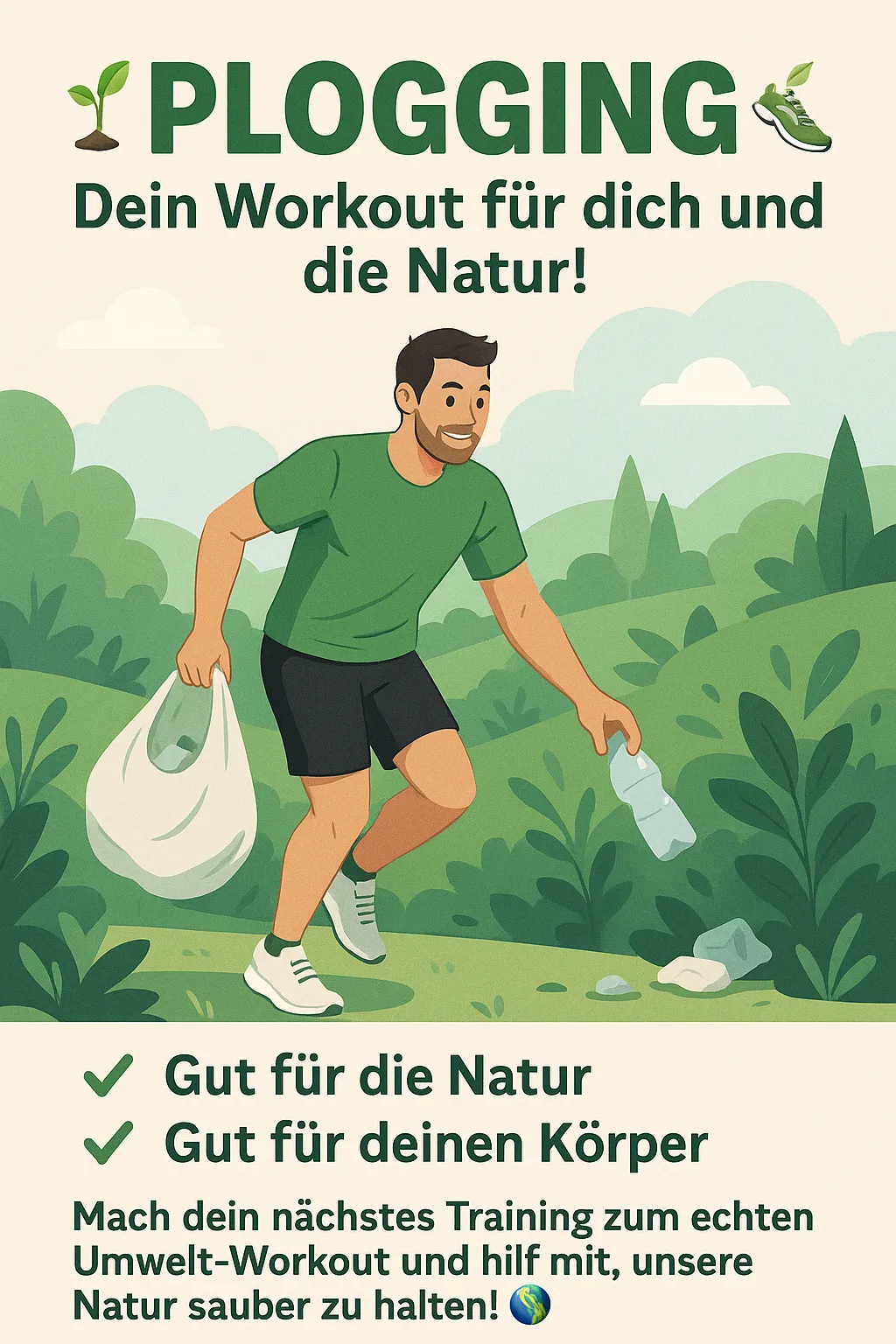 Ein Mann in einem grünen T-Shirt und schwarzen Shorts sammelt Müll in einem Park. Er hält einen Plastikbeutel und eine Flasche. Die Überschrift lautet 'Gut für die Natur!' Es ist ein Poster, das Umweltschutz fördert.