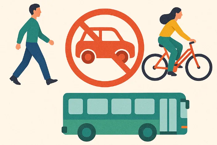 Eine Illustration eines Mannes beim Gehen, einer Frau beim Radfahren und eines Busses mit einem Autoverbotsschild in der Mitte.