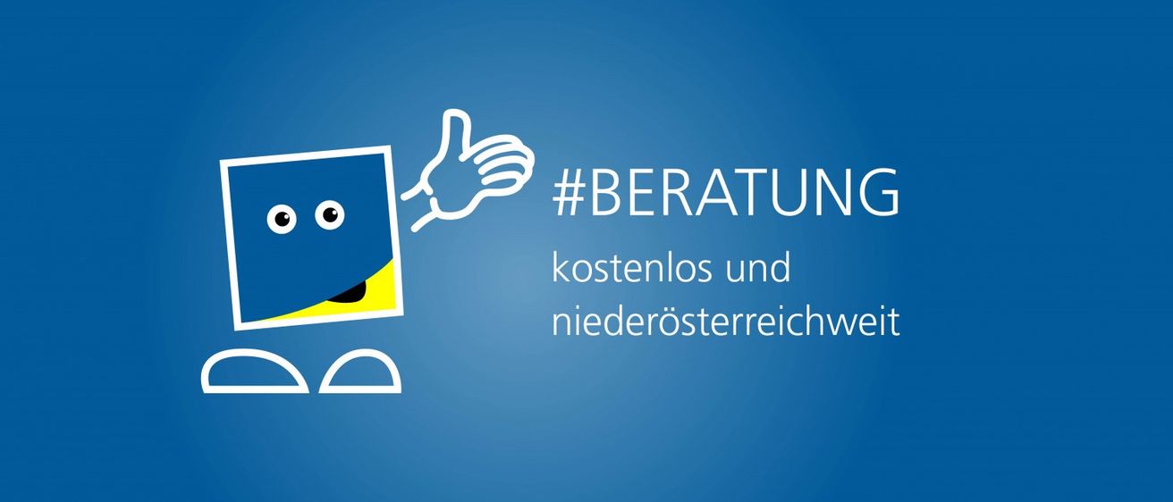 Eine Comicfigur gibt einen Daumen hoch neben dem Hashtag #BERATUNG. Unter dem Hashtag steht 'kostenlos und niederösterreichweit'. Der Hintergrund ist blau.