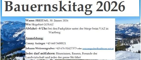 Ein Plakat für den Bauernskitag 2026 mit schneebedeckten Bergen. Es enthält Details wie Datum, Ort und Kontaktinformationen. Die Veranstaltung steht allen offen, einschließlich Bauern, deren Familien und Freunden.