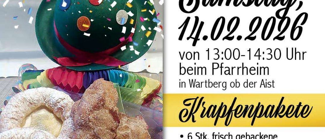 Werbeplakat für eine Krapfen-Verkostung am 14. Februar 2026 von 13:00 bis 14:30 Uhr im Pfarrheim in Wartberg ob der Aist. Es zeigt eine Auswahl von sechs verschiedenen Krapfen-Arten mit einer Reservierungsanfrage.