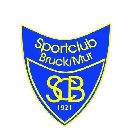Ein blauer Schild mit gelbem Umriss zeigt den Text 'Sportclub Bruck/Mur' und die Abkürzung 'SCB' in Gelb. Darunter steht das Jahr '1921' in Gelb geschrieben.