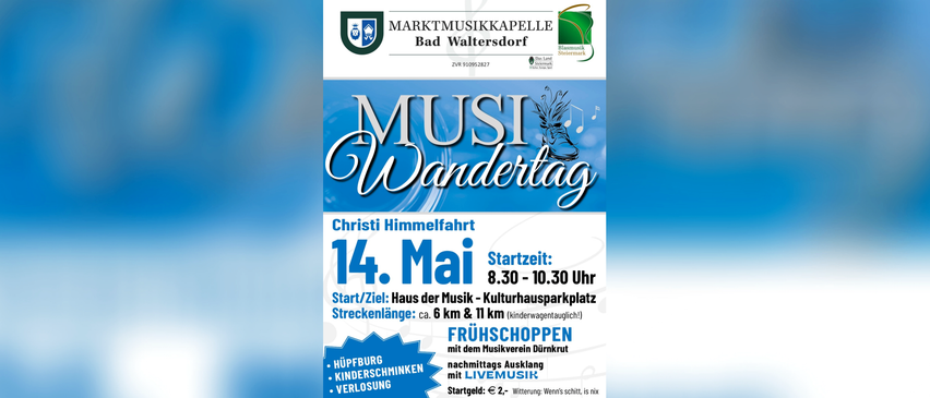Flyer für eine musikalische Veranstaltung, die eine Wanderroute vom Haus der Musik zum Kulturhausparkplatz vorstellt. Die Veranstaltung findet am 14. Mai statt, Beginn um 8:30 und Ende um 10:30. Es gibt zwei Routen zur Auswahl, 6 km und 11 km, geeignet für Kinder. Morgenkaffee, Mittagessen und Unterhaltung sind inklusive.