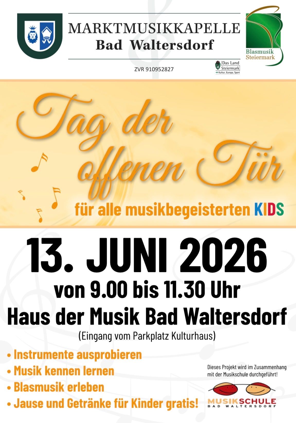 Tag der offenen Tür im Haus der Musik Bad Waltersdorf am 13. Juni 2026 von 9.00 bis 11.30 Uhr. Für alle musikbegeisterten KIDS. Noten und Instrumente sind im Fokus.