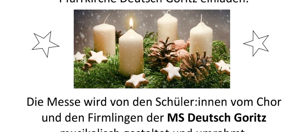 Ein Bild einer Weihnachtsveranstaltungsankündigung zeigt drei Kerzen, Musiknoten und eine Tasse mit Gewürztee. Der Text lädt alle zur Adventskranzfeier am 29.11.2025 um 16:00 Uhr in der Pfarrkirche Deutsch Goritz ein.