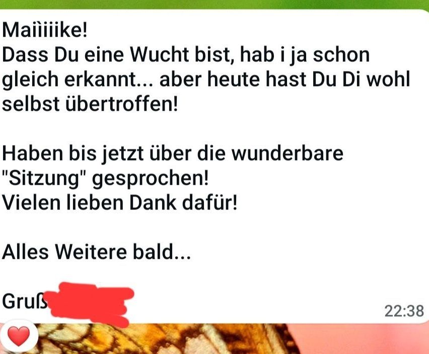 Eine Textnachricht auf Deutsch lautet 'Ich wusste schon, dass du eine Hexe bist, aber heute hast du dich selbst übertroffen! Wir haben bis jetzt über die 'wunderbare Schwangerschaft' gesprochen. Wir lieben dich dafür!' Unten befindet sich ein rotes Herz und die Zahl 22.