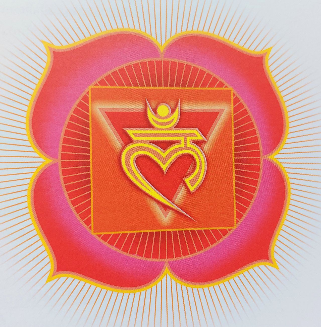 Eine lebendige Illustration mit einem zentralen Quadrat und einem Herzsymbol in einem Lotusblumen-Design. Die Farben sind leuchtend mit Gelb- und Orangetönen.