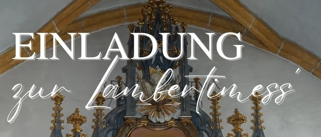 Ein religiöser Altar mit einem Gemälde eines Heiligen. Unten steht der Termin 14. September 2025 und die Zeit 10 Uhr. Der Ort ist Bergkirche Bromberg.