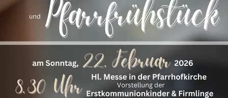 Eine Anzeige für eine Familienmesse und Kaffeefrühstück am 22. Februar 2026. Zeigt eine Tasse Kaffee mit Latte Art auf dunklem Hintergrund.