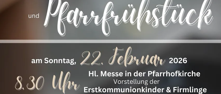 Eine Anzeige für eine Familienmesse und Kaffeefrühstück am 22. Februar 2026. Zeigt eine Tasse Kaffee mit Latte Art auf dunklem Hintergrund.