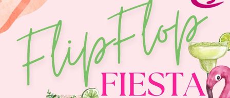 Rosa Poster bewirbt Fiesta, eine Cocktailparty für die Jugend, die am Freitag, den 8. August, im ehemaligen Gasthaus Merl stattfindet. Beginn um 16:00 Uhr. Mit Burger, Cocktail, Sonnenbrillen und Flip-Flops.