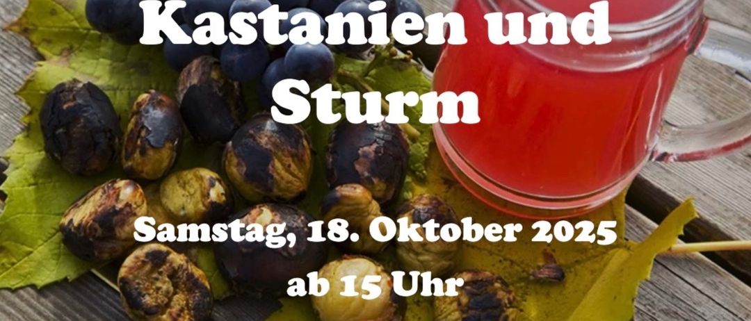 Ein Bild eines Glases mit roter Flüssigkeit und einer Traube auf einem Holztisch. Der Text lautet Kastanien und Sturm.