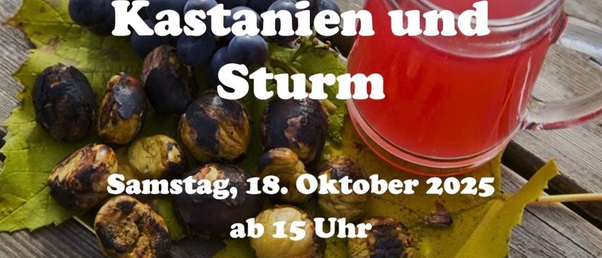 Ein Bild eines Glases mit roter Flüssigkeit und einer Traube auf einem Holztisch. Der Text lautet Kastanien und Sturm.