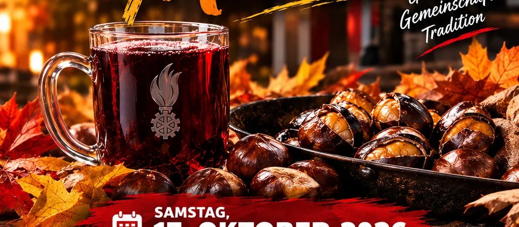 Werbung für die Veranstaltung 'Sturm & Maroni' am 17. Oktober 2026 mit einem Glas rotem Getränk und einer Platte Kastanien.