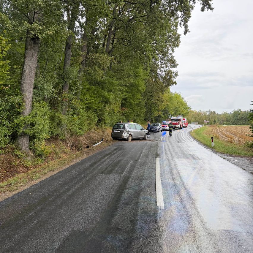 Ein Autounfall auf einer Landstraße mit anwesender Rettungskräften. Bäume säumen die Straße, und ein Feuerwehrwagen ist geparkt.