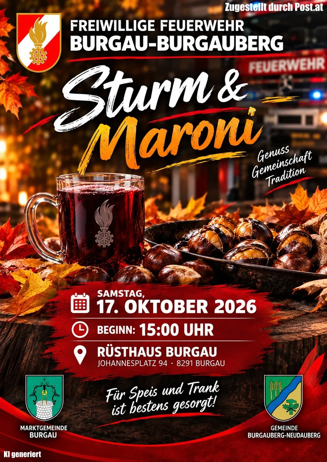 Plakat für eine Gemeinschaftsveranstaltung in Burgau, Deutschland. Es zeigt einen Becher mit roter Flüssigkeit, gerösteten Kastanien und Herbstblättern. Die Veranstaltung trägt den Titel 'Sturm & Maroni' und wird von der Freiwilligen Feuerwehr Burgau-Burgauberg veranstaltet. Die Veranstaltung ist für Samstag, den 17. Oktober 2026, ab 15:00 Uhr im Rusthaus Burgau geplant.