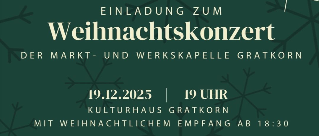 Ein Plakat für ein Weihnachtskonzert, das ein Design aus musikalischen Noten in Form einer Weihnachtsbaums zeigt, mit Schneeflocken im Hintergrund. Der Titel lautet 'Einladung zum Weihnachtskonzert' auf Deutsch.