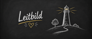 Eine handgezeichnete Illustration eines Leuchtturms auf einem Hügel mit einem Baum und einem Herzsymbol auf schwarzem Hintergrund. Der Leuchtturm ist beleuchtet, und die Lichtstrahlen scheinen.