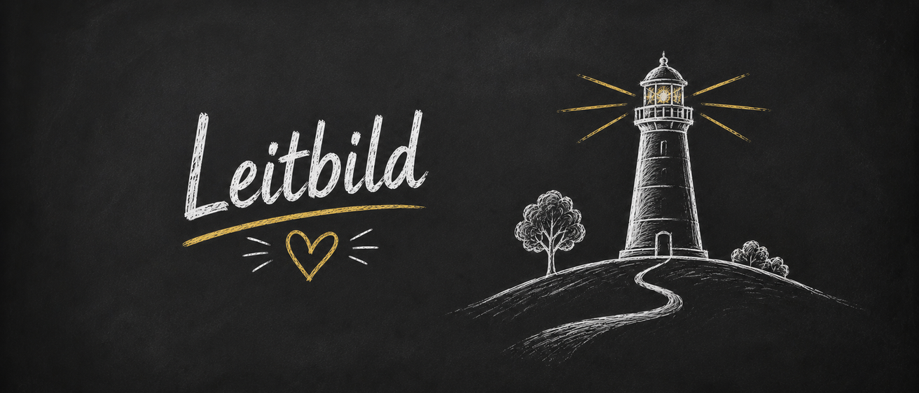 Eine handgezeichnete Illustration eines Leuchtturms auf einem Hügel mit einem Baum und einem Herzsymbol auf schwarzem Hintergrund. Der Leuchtturm ist beleuchtet, und die Lichtstrahlen scheinen.