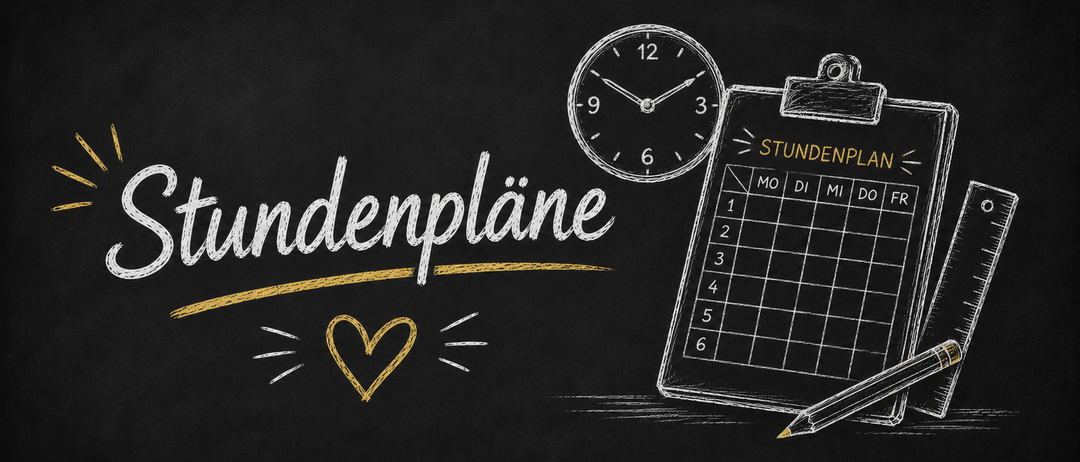 Eine Tafel mit 'Stundenpläne' in weißer Kreide, einer Uhr, die 1:50 anzeigt, einem Stundenplan mit Wochentagen und einem Bleistift.