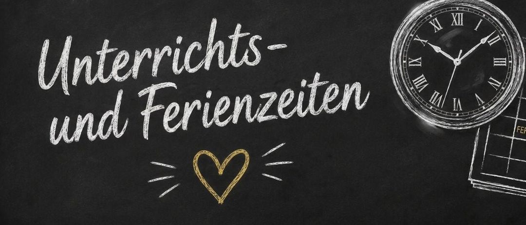 Eine Tafel mit dem Text 'Lichts-ferienzeiten' und einer Uhr, die 10:10 anzeigt, zusammen mit einem Herzsymbol.