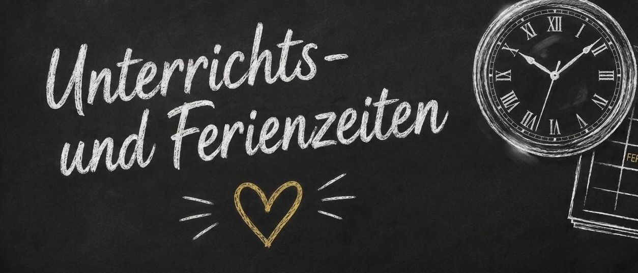 Eine Tafel mit dem Text 'Lichts-ferienzeiten' und einer Uhr, die 10:10 anzeigt, zusammen mit einem Herzsymbol.