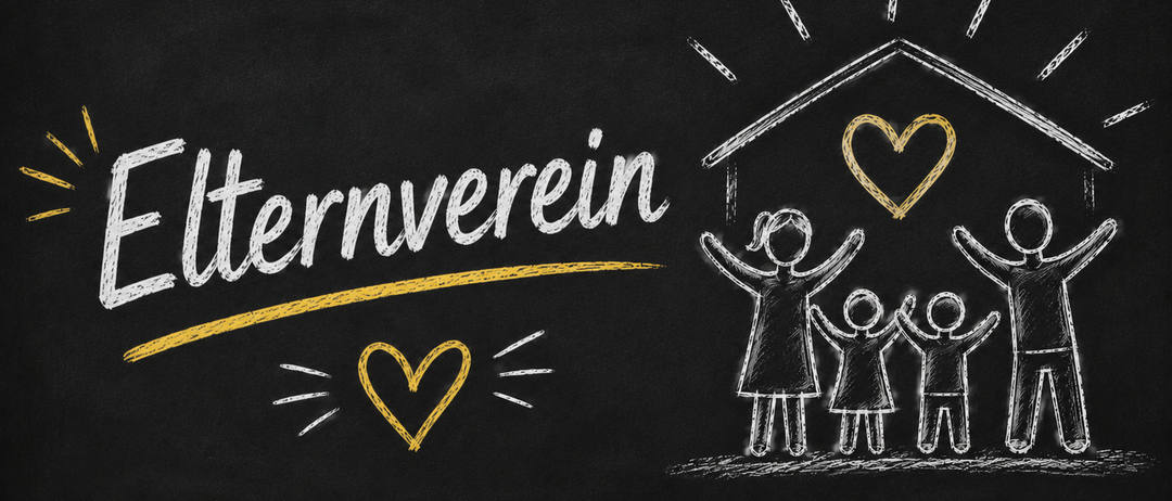 Eine Tafel mit einer handgezeichneten Familienillustration und dem Wort 'Vernverein' in weißer Kreide geschrieben. Die Familie ist mit einem Herz über ihrem Haus dargestellt.