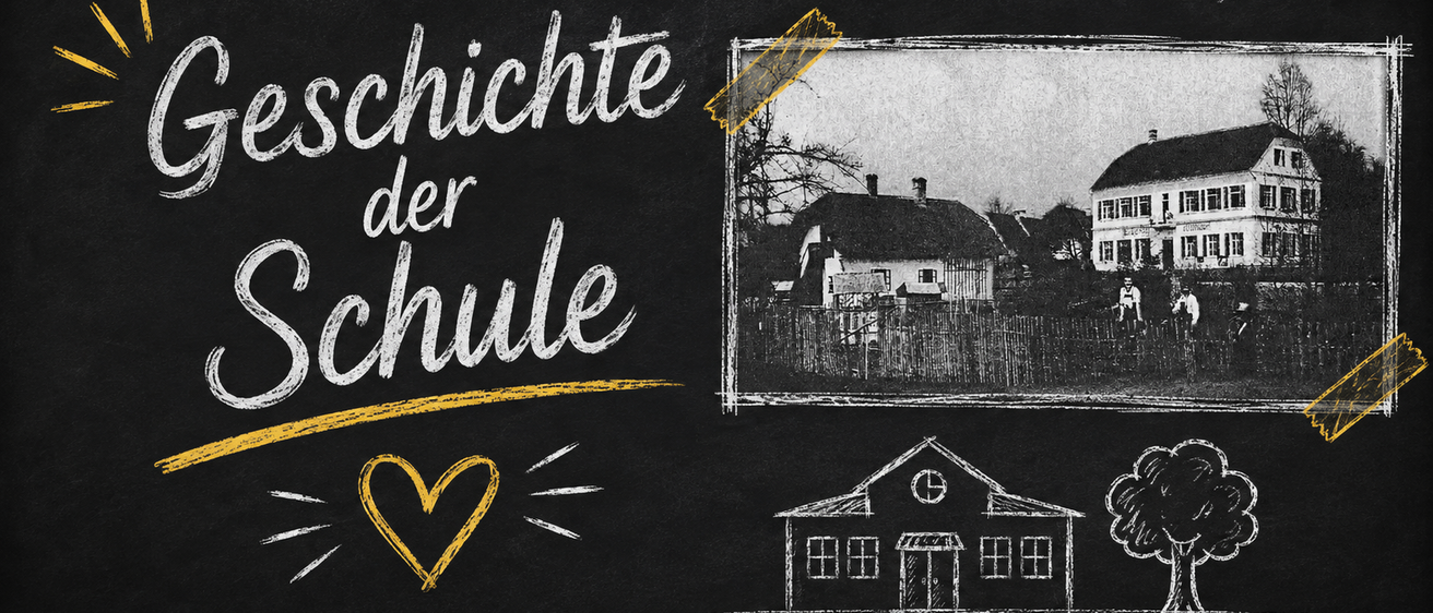 Eine Kreidetafel mit den Worten 'Geschichte der Schule' in Kreide geschrieben, begleitet von einem Schwarz-Weiß-Foto eines Hauses und einem in Gelb gezeichneten Herzen.
