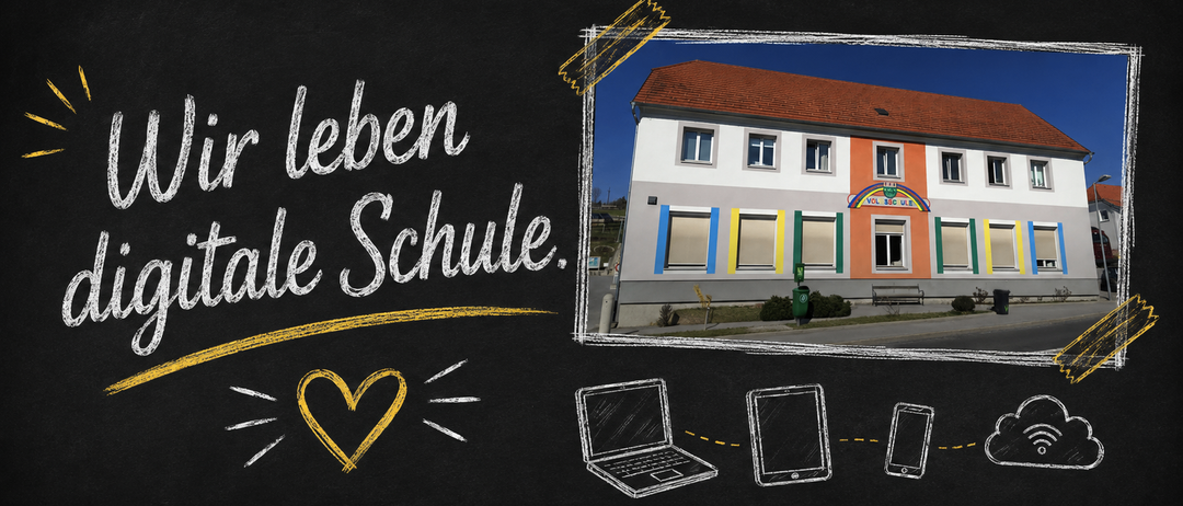 Illustration eines Schulgebäudes mit einem Regenbogen an der Seite, Text 'leben die Schule' und Symbole eines Laptops, Tablets und Smartphones.