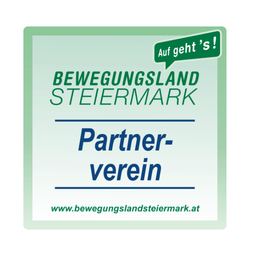 Ein grünes Schild mit einem weißen Rand, es steht 'Bewegungsland Steiermark Partner-verein' und enthält eine Website-Adresse. Eine grüne Sprechblase über dem Text sagt 'Auf geht's!'.