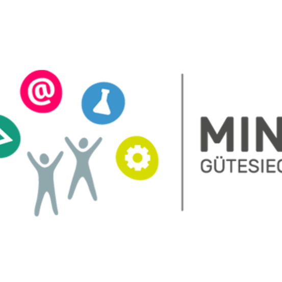 Logo mit Symbolen eines At-Zeichens, eines Reagenzglases, eines Dreiecks, eines Zahnrads und zwei Menschen, die ihre Hände heben, mit 'MINT GUTESIEGEL' darunter.