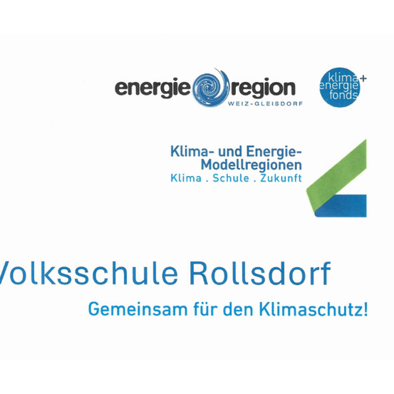 Ein Poster von der Volksschule Rollsdorf zeigt Logos von Klima+ Energie Fonds und Energie Region Weiz-Gleisdorf und wirbt für Klima- und Energiemodellregionen. Der Text lautet 'Gemeinsam für den Klimaschutz!'.