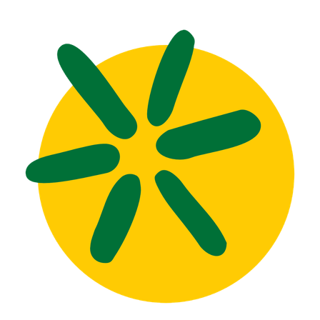 Ein gelber Kreis mit sechs grünen Strahlen auf schwarzem Hintergrund.