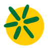 Ein gelber Kreis mit sechs grünen Strahlen auf schwarzem Hintergrund.