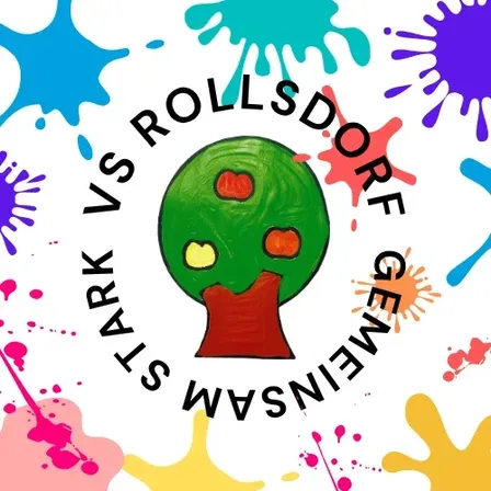 Ein farbenfrohes Design mit einem Baum, Früchten und Farbspritzern. Der Text lautet 'STARK VS ROLLSDORE' mit Spritzern verschiedener Farben.