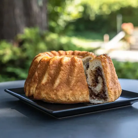 Ein Spiralkuchen mit einem herausgenommenen Stück, auf einem schwarzen Teller auf einem Tisch mit einem verschwommenen Gartenhintergrund.