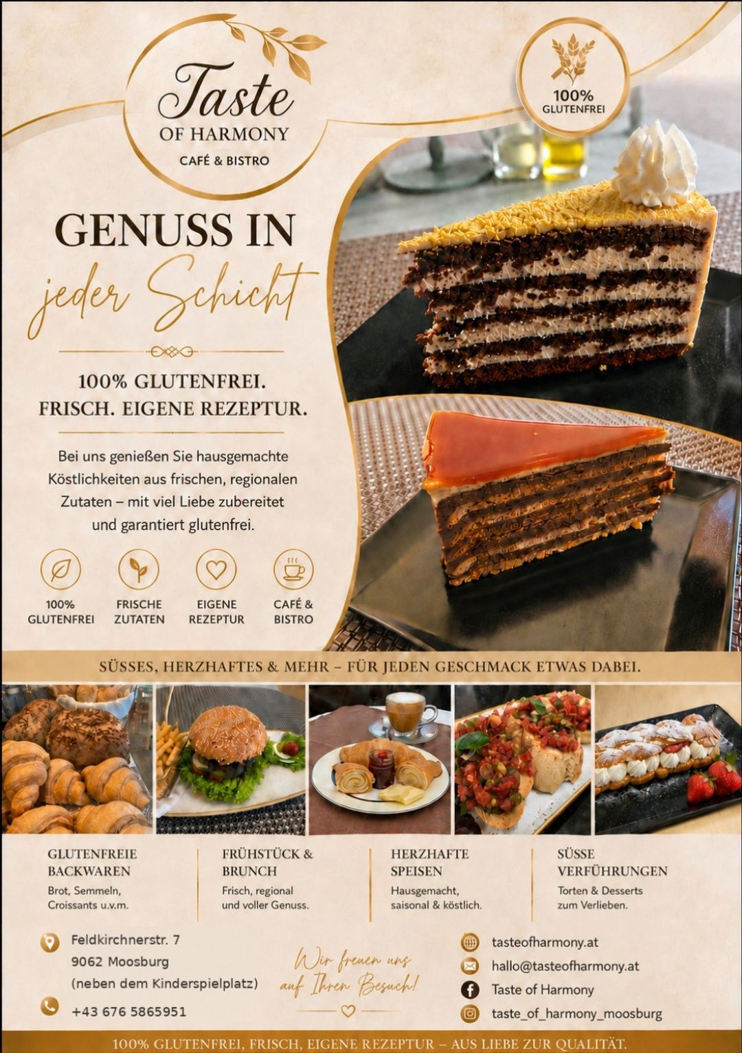 Werbung für ein Café und Bistro mit einem glutenfreien Kuchen, frischen Zutaten und verschiedenen Gerichten. Das Bild zeigt das Engagement des Cafés für die Verwendung frischer, regionaler Zutaten und glutenfreier Rezepte.