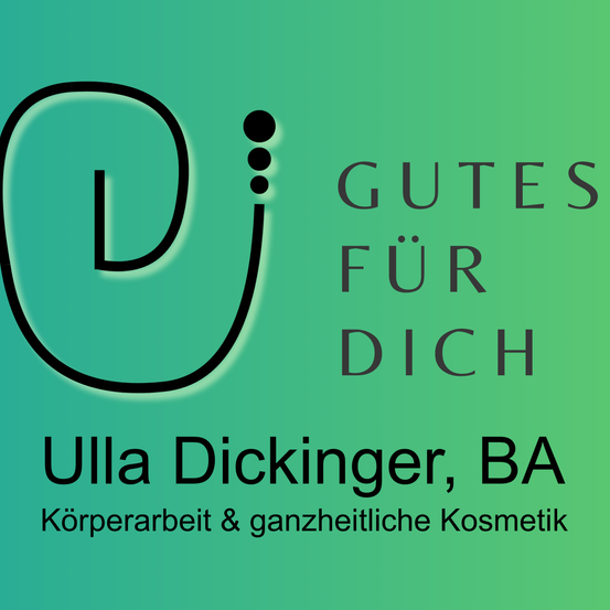 Das Bild zeigt ein Logo für ein Unternehmen namens Ulla Dickinger, BA. Es enthält einen stilisierten Buchstaben D mit den Worten Gutes für Dich darüber. Das Unternehmen bietet Körperarbeit und ganzheitliche Kosmetik an.