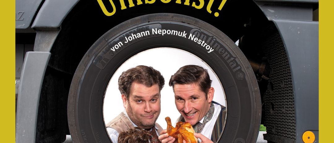 Plakat für eine kostenlose Veranstaltung am 12. Juni 2026 mit einem Mann, der in einem Reifen Hähnchen isst. Es enthält den Veranstaltungsort, das Ensemble und den Regisseur.