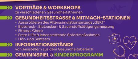 Plakat für einen Gesundheitstag in Feldbach. Bietet Workshops, Gesundheitsuntersuchungen, Informationsstände und ein Kinderprogramm. Datum: 8. November 2025, 9-18 Uhr.