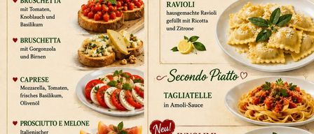 Ein Plakat, das ein Menü für ein italienisches Abendessen am 8. August 2026 um 16 Uhr bewirbt. Es zeigt verschiedene Gerichte wie Bruschetta, Ravioli, Caprese, Prosciutto e Melone und mehr. Das Poster hat ein rustikales Design mit einem grünen und roten Farbschema.
