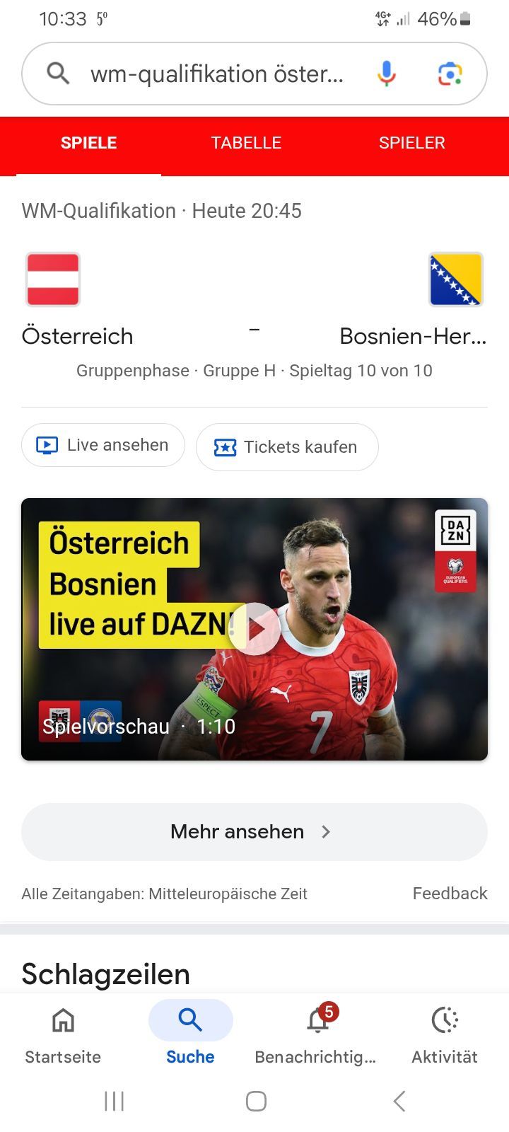 A soccer match between Austria and Bosnia-Herzegovina, group phase, group H, matchday 10. Live viewing and ticket purchasing options are available.
